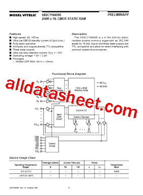 V62C1164096 Datasheet PDF - Mosel Vitelic, Corp