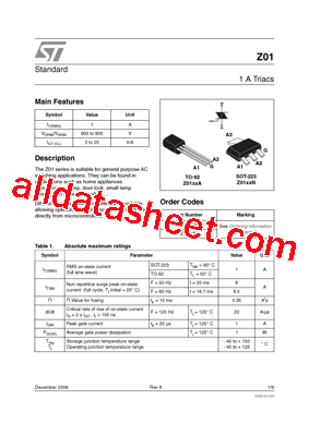 Z0103MA2AL2 Datasheet PDF - STMicroelectronics