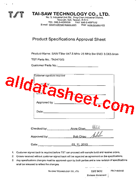 TA947GG Datasheet PDF - TAI-SAW TECHNOLOGY CO., LTD.